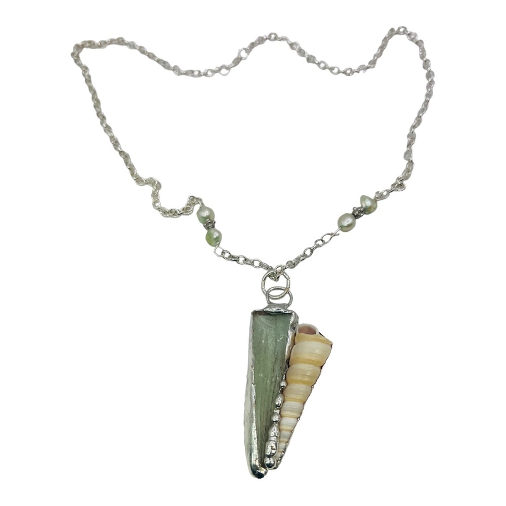 Green Sea Glass & Conch Pendant W/ Freshwater Pearls Encased Silver-Blend Frame - Picture 10 of 16